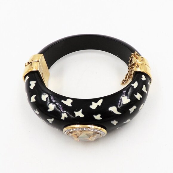 Vintage 1980s Italian Black Spotted Rhinestone Cuff Bracelet - Picture 5 of 11